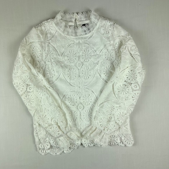 DNA Tops - DNA White Floral Guipure Lace Mock Neck Long Sleeve Blouse Top Medium